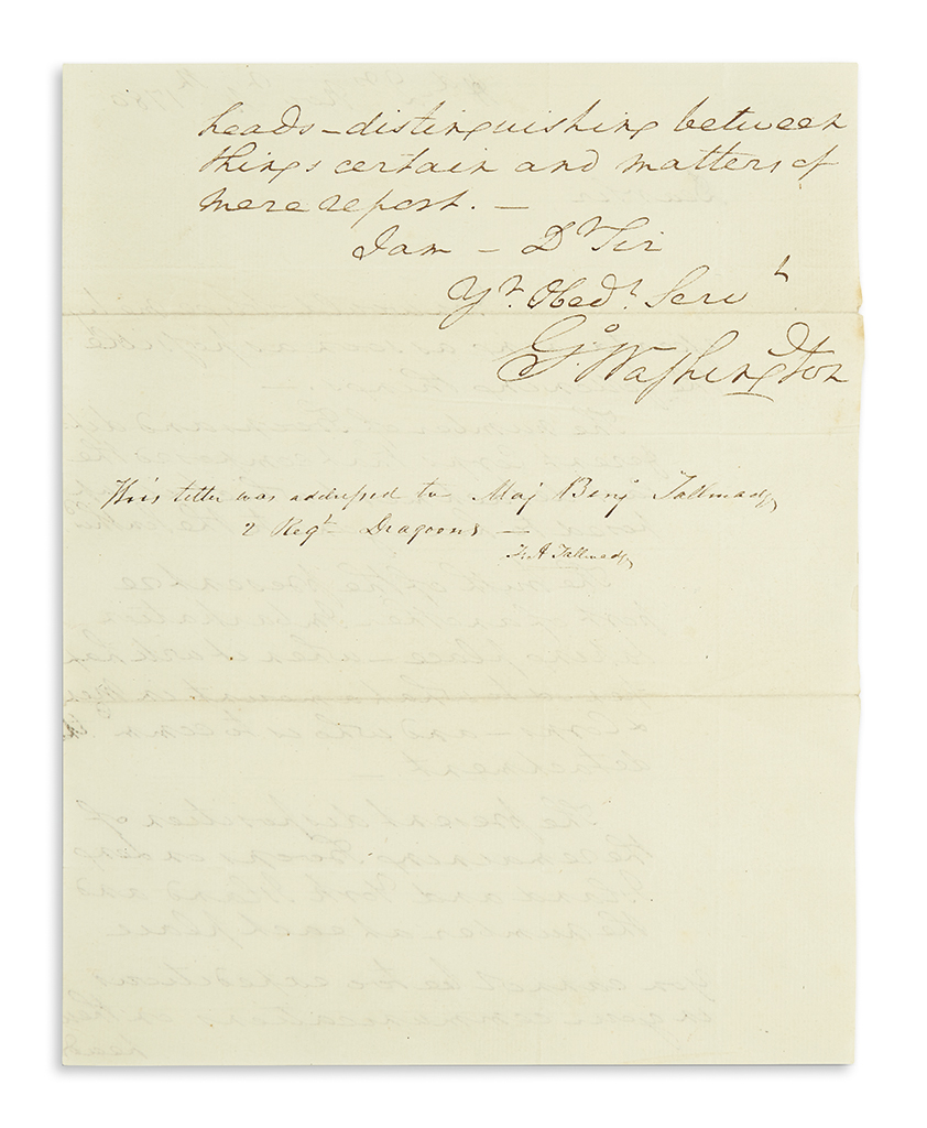 (AMERICAN REVOLUTION.) WASHINGTON, GEORGE. Autograph Letter Signed, G:Washington, as Commander-in-Chief, to Benjamin Tallmadge, reque